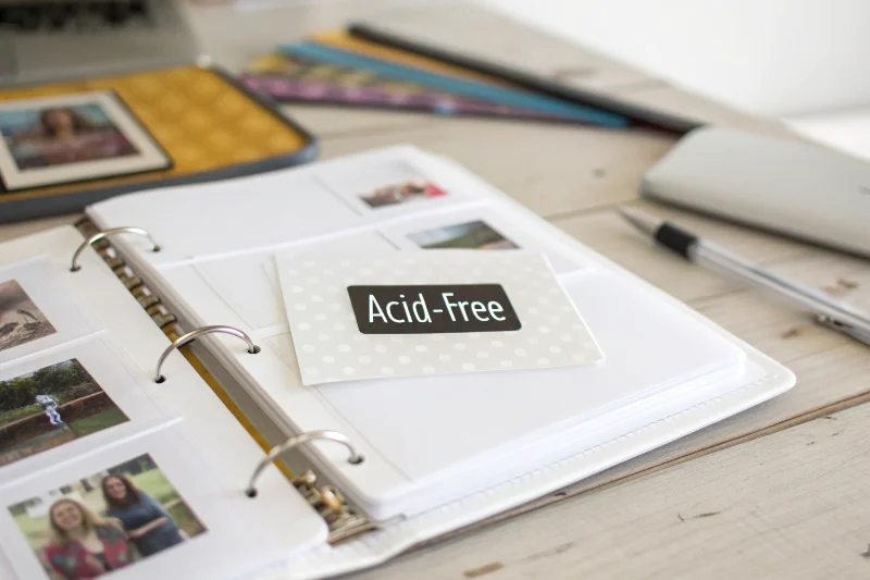 A label showing 'acid-free' on a photo album page