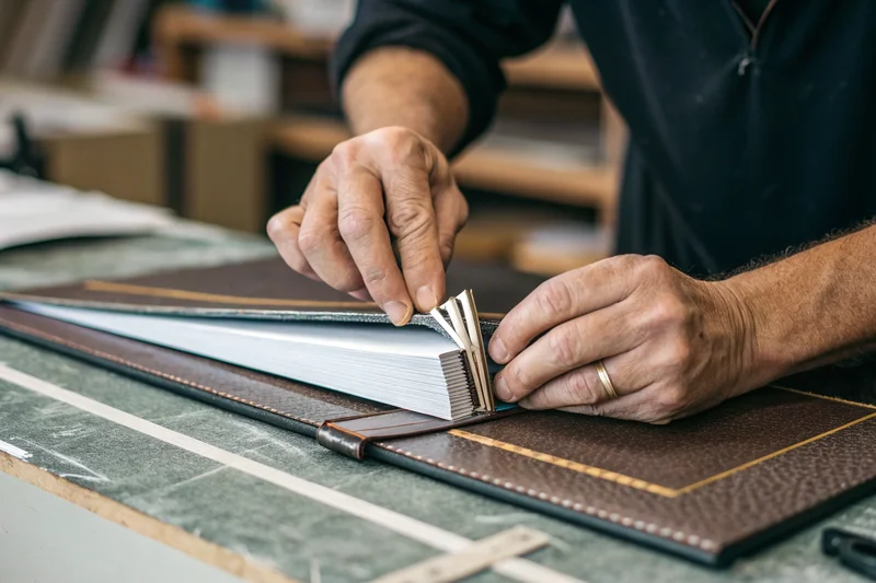 close-up of a worker's hands carefully assembling a photo album