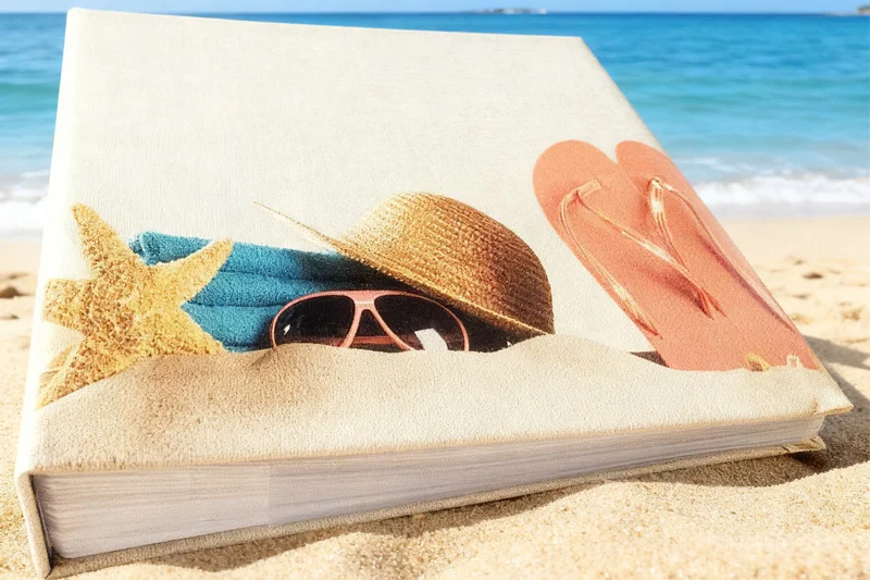 Assortment of photo albums with printed covers featuring flowers, pets, and seascapes