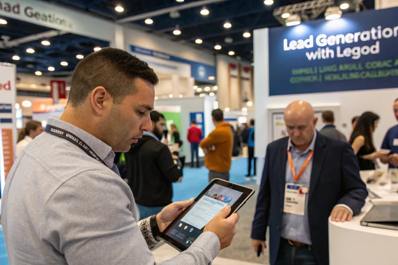 Exhibitor with tablet capturing leads