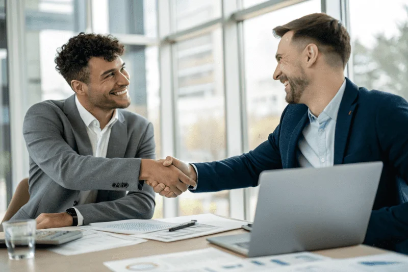 Two business people shaking hands over a table