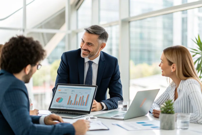 professional sales manager discussing album manufacturing options