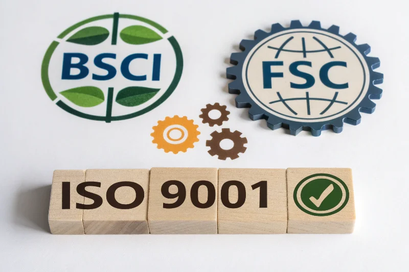 A collage of certification logos like BSCI, FSC, and ISO 9001