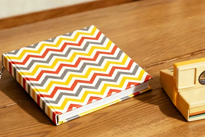 A stack of photo albums with rustic, countryside-style linen and floral covers