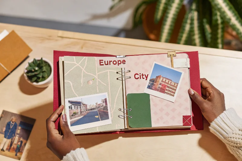 A travel-themed scrapbook open to a page showing a map and photos from a European city