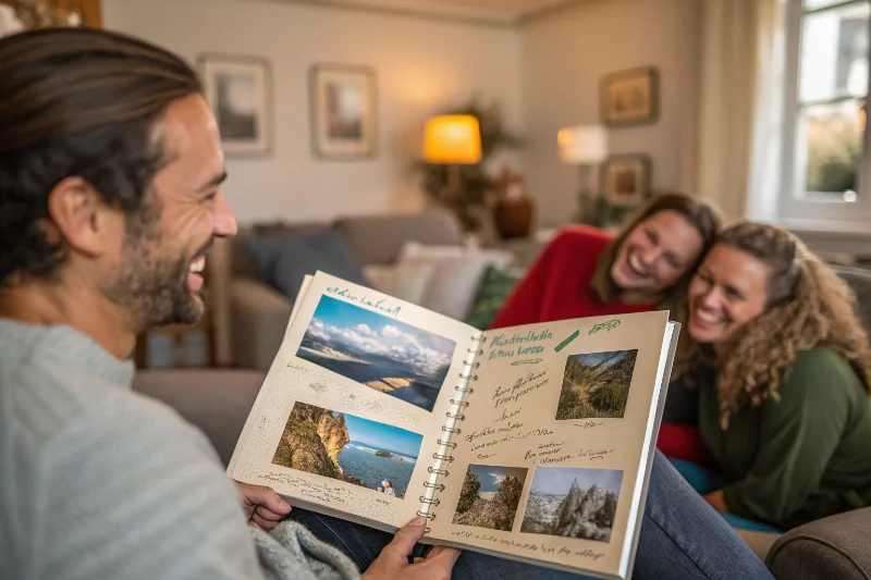 A person sharing a physical travel album with friends, laughing