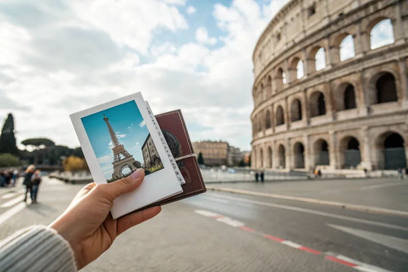 A hand holding an instant photo in front of a landmark, with a small album nearby