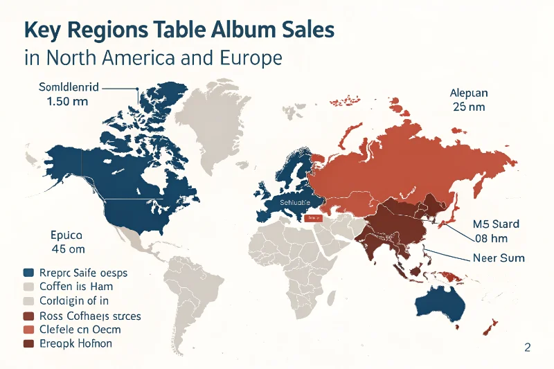Map highlighting key regions for album sales in North America and Europe