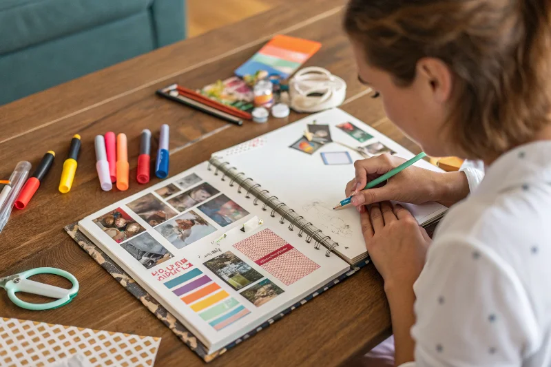 A scrapbook album open with photos, stickers, and handwritten notes