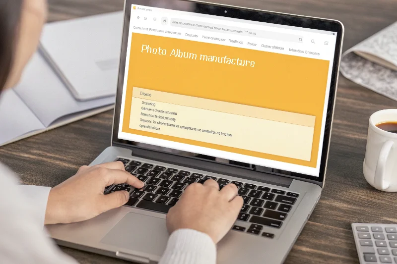 A person at a computer searching for photo album manufacturers on Google