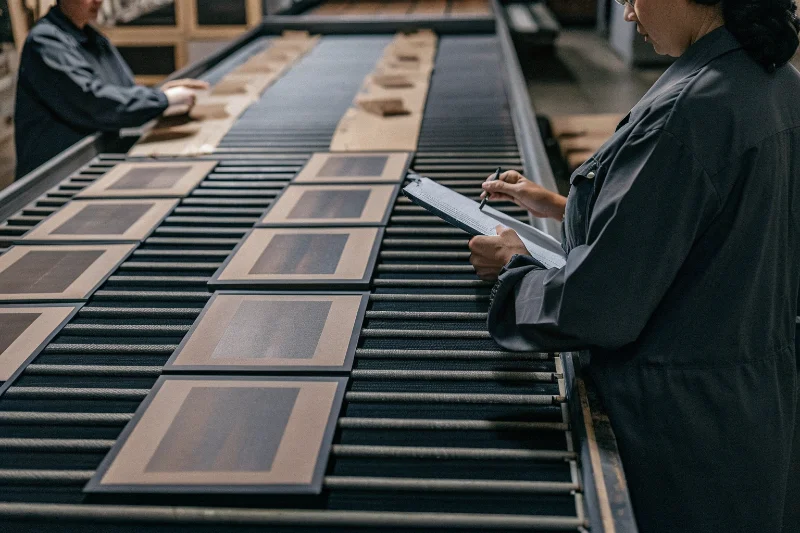 An inspector in a factory auditing a production line of photo albums