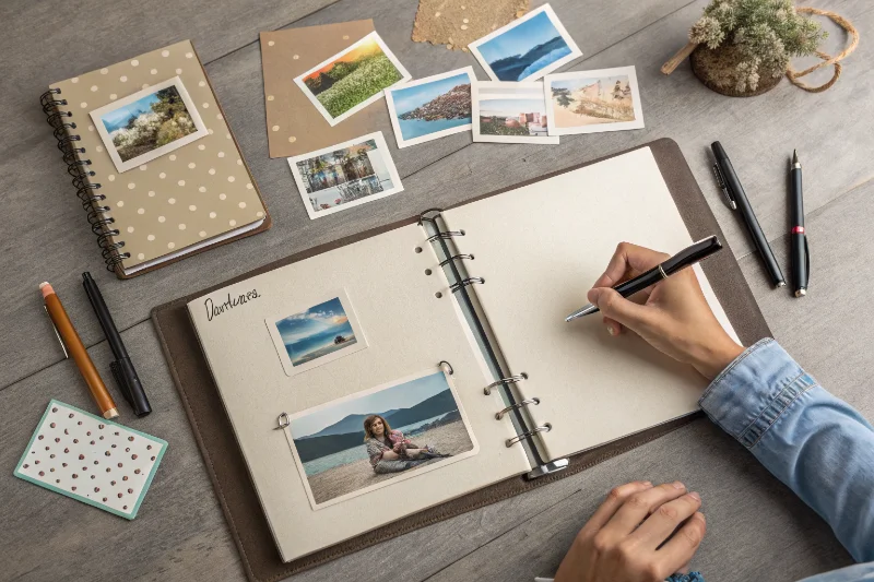 A person's hands arranging photos of different sizes on a blank scrapbook page with pens and stickers nearby