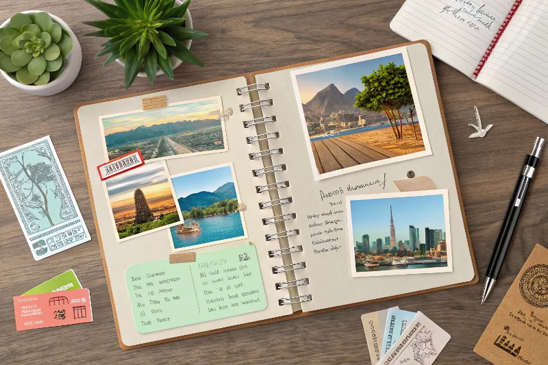 A modern scrapbook layout with travel photos, tickets, and notes