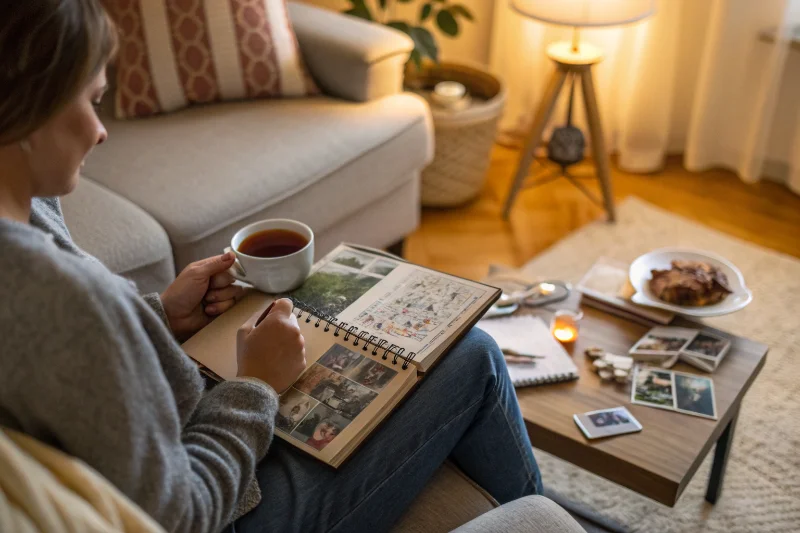 A person sitting in a cozy room, peacefully working on a scrapbook with a cup of tea