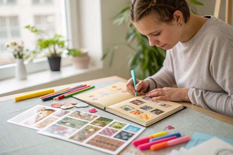 A person working on a scrapbook with photos, stickers, and colorful pens