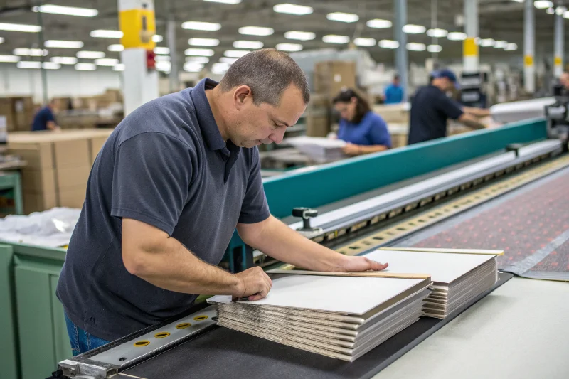 Factory worker carefully assembling a matted album