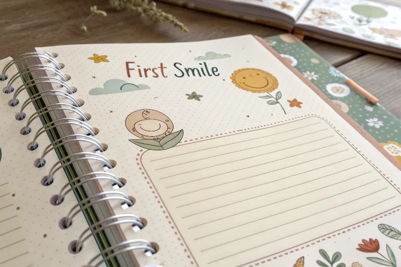 A close-up of a milestone page in a baby album with prompts for 'First Smile'