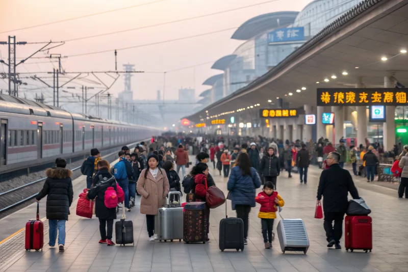 A crowded train station in China during the Spring Festival travel rush