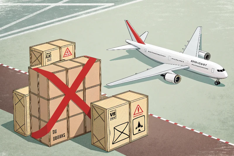 An airplane next to a pile of photo album cartons with a large red X over it