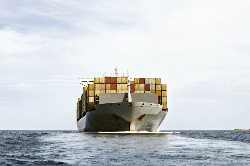 A large container ship on the ocean, representing bulk sea freight