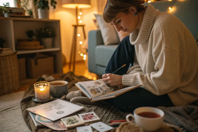 A high-quality family album open on a coffee table, showing a family's history