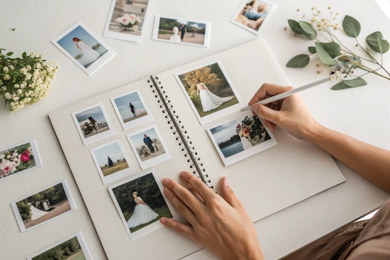 Hands arranging different sized wedding photos on a self-adhesive album page