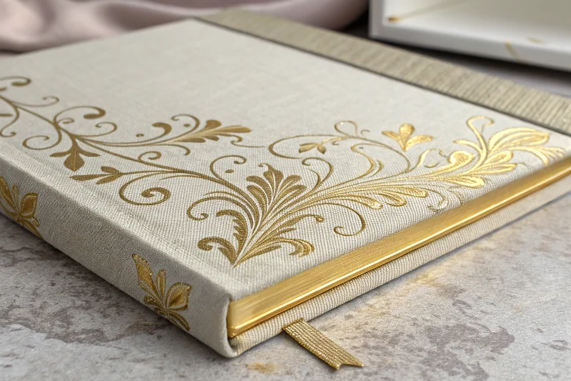 A close-up of a beautifully crafted photo album cover with gold foil stamping on linen fabric