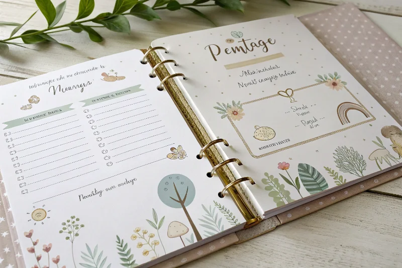 A beautifully designed baby album open to a milestone page with gentle illustrations