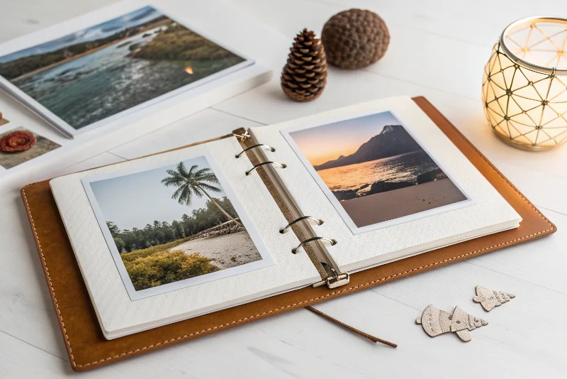 A person mindfully placing a Polaroid photo into a scrapbook-style album next to a cup of coffee