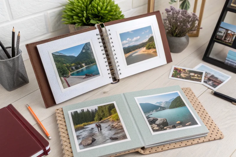 Different types of inner pages for a photo album book: slip-in, self-adhesive, and traditional