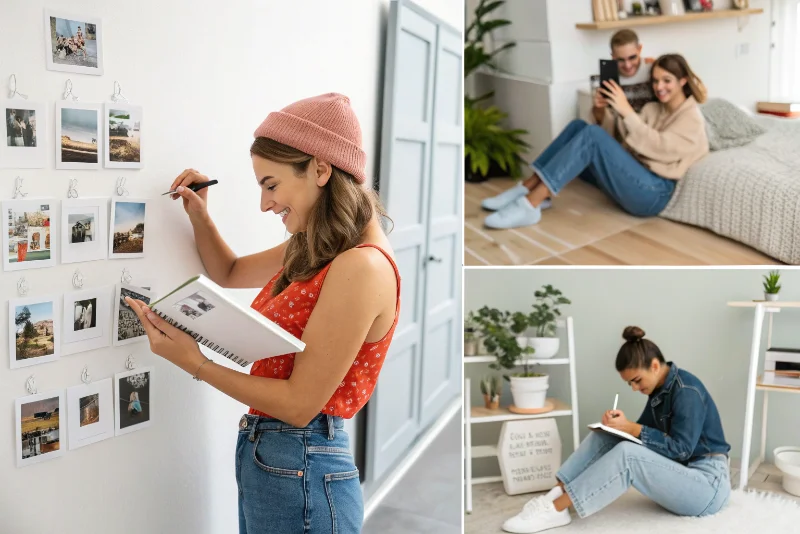 A collage of different people using Polaroid albums: a Gen Z influencer, a journaling enthusiast, and someone decorating a minimalist apartment