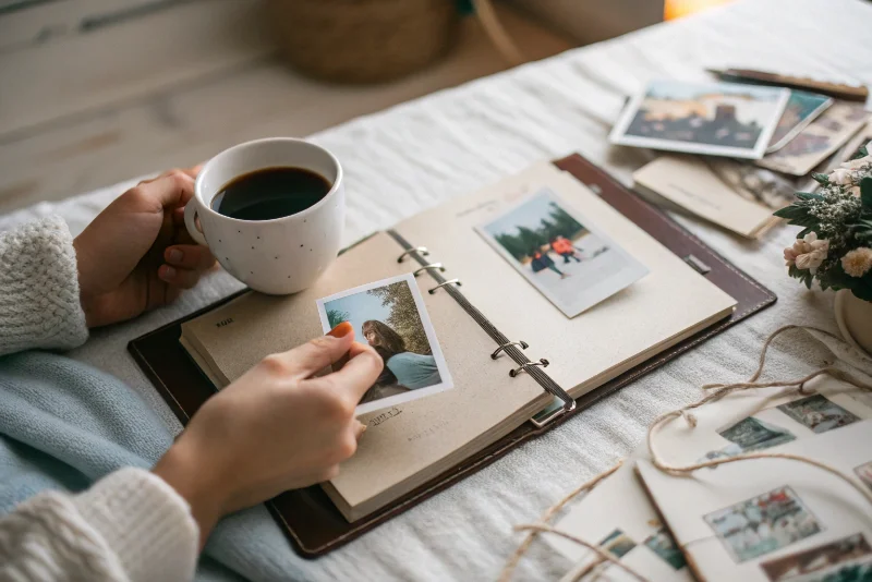 A stylish, high-quality Polaroid album being held, showing its texture and build quality