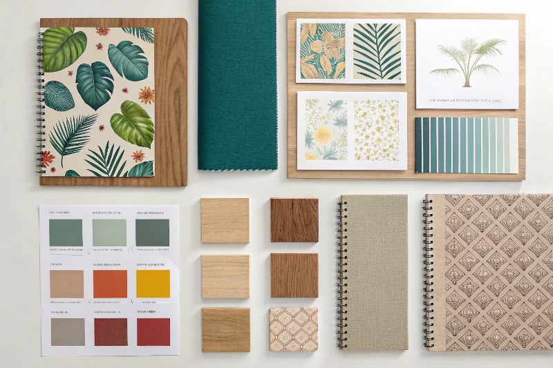 A mood board showing different materials, colors, and trends for a new photo album book collection
