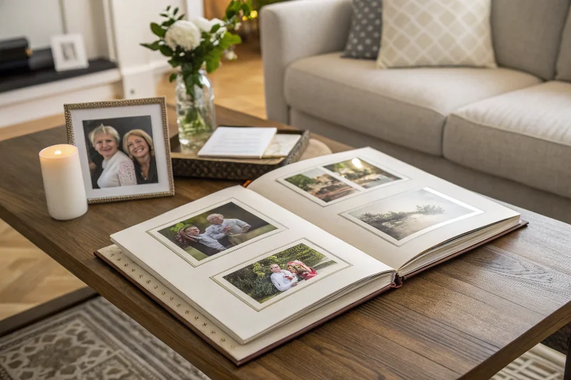 A family album showing different page styles with various photo sizes