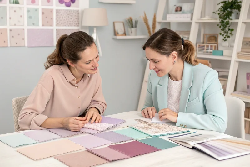 A designer and manufacturer collaborating over soft, pastel material swatches for a baby album