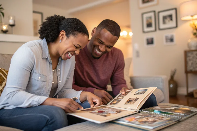 A couple laughing while arranging photos in a scrapbook-style album