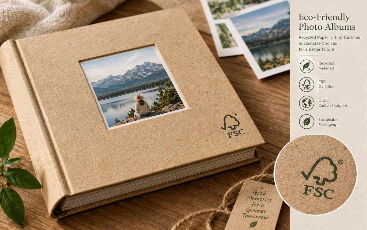 A close-up of a photo album made from recycled kraft paper with an FSC logo