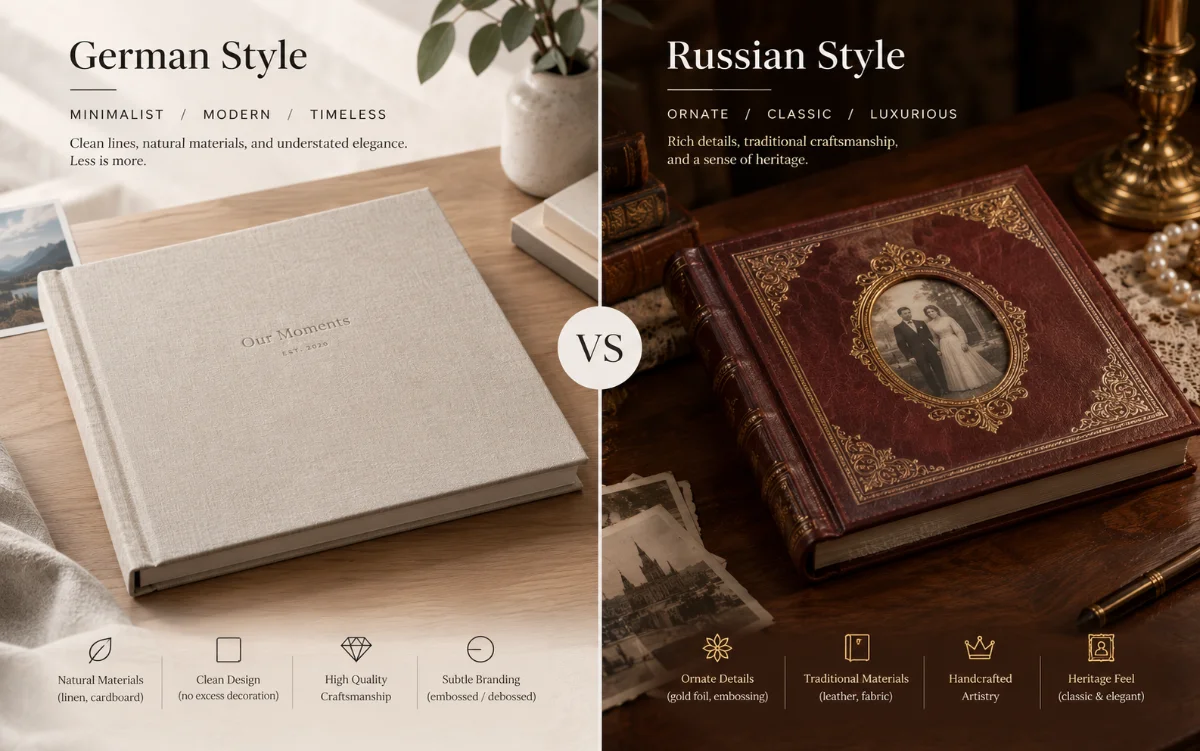A split image showing a minimalist German-style album and an ornate Russian-style album
