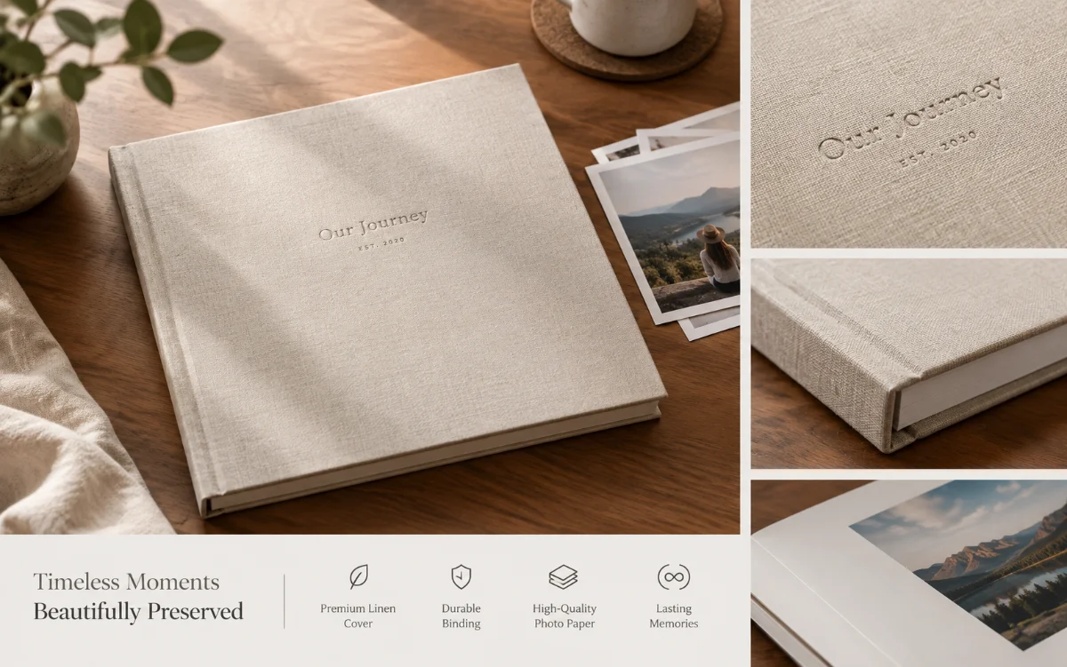A minimalist linen album with subtle debossed text, showcasing perfect craftsmanship