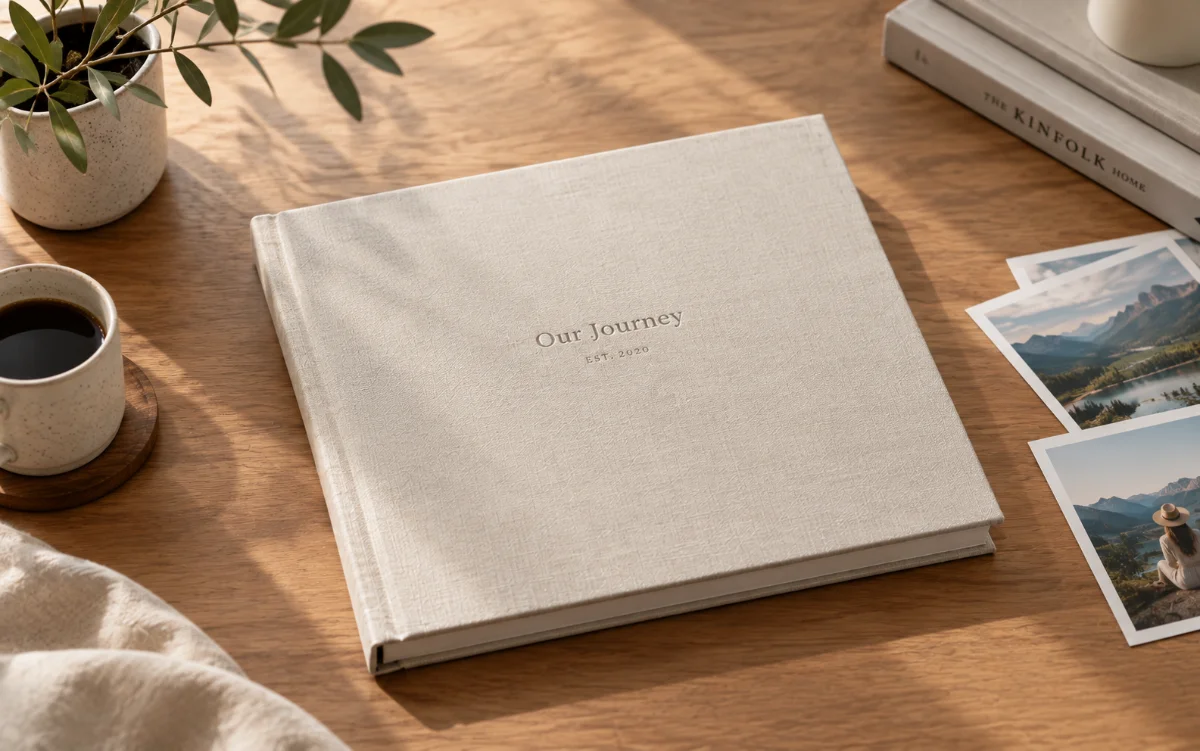 A clean, minimalist linen photo album on a wooden table