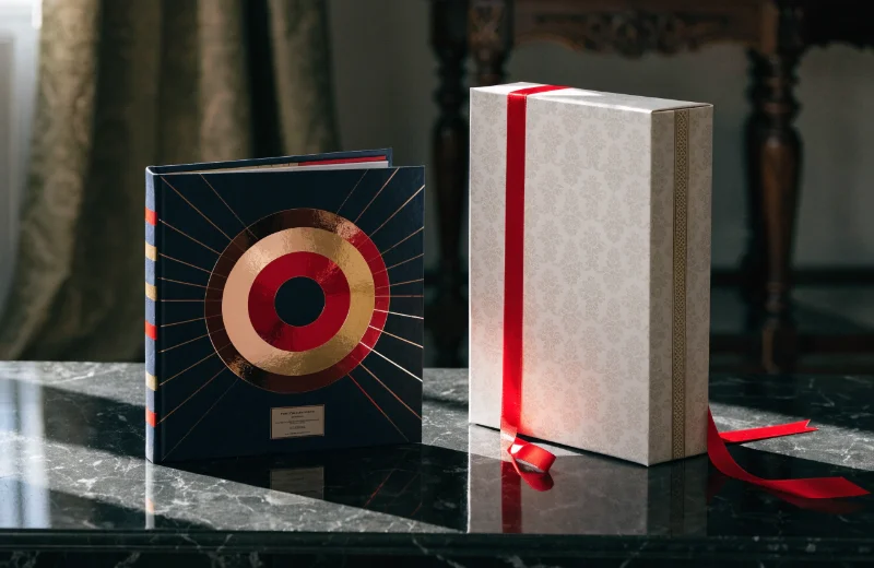 A stylish photo album next to its elegant gift box