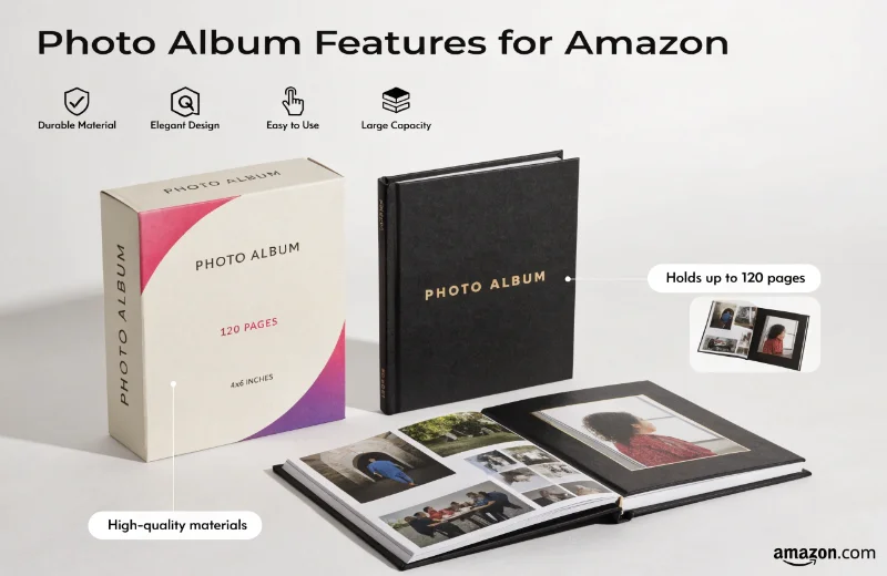 A photo album displayed with its packaging, optimized for an Amazon listing