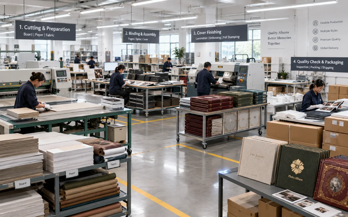 A factory floor showing different workstations for different album styles