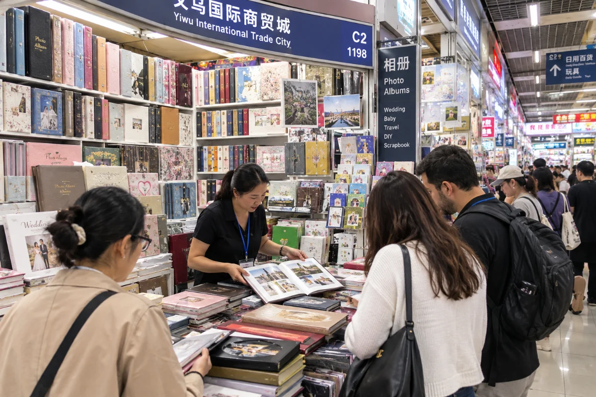 A crowded stall in Yiwu Market filled with various photo albums