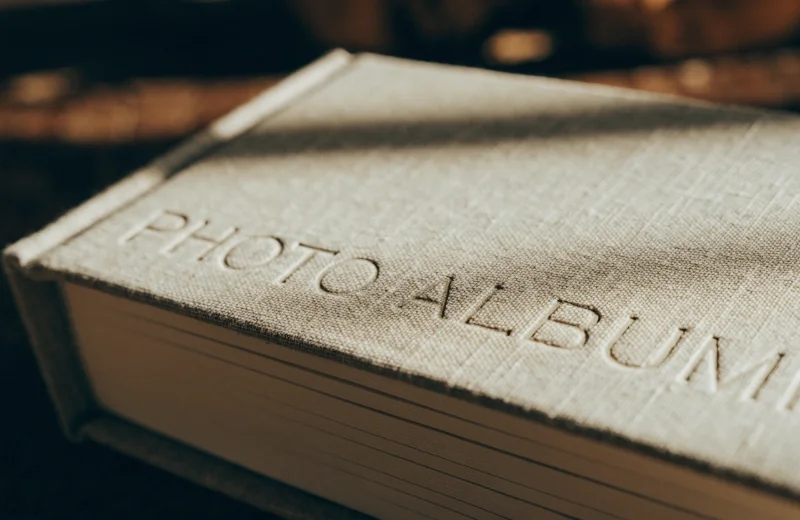 A close-up shot of a textured linen photo album cover