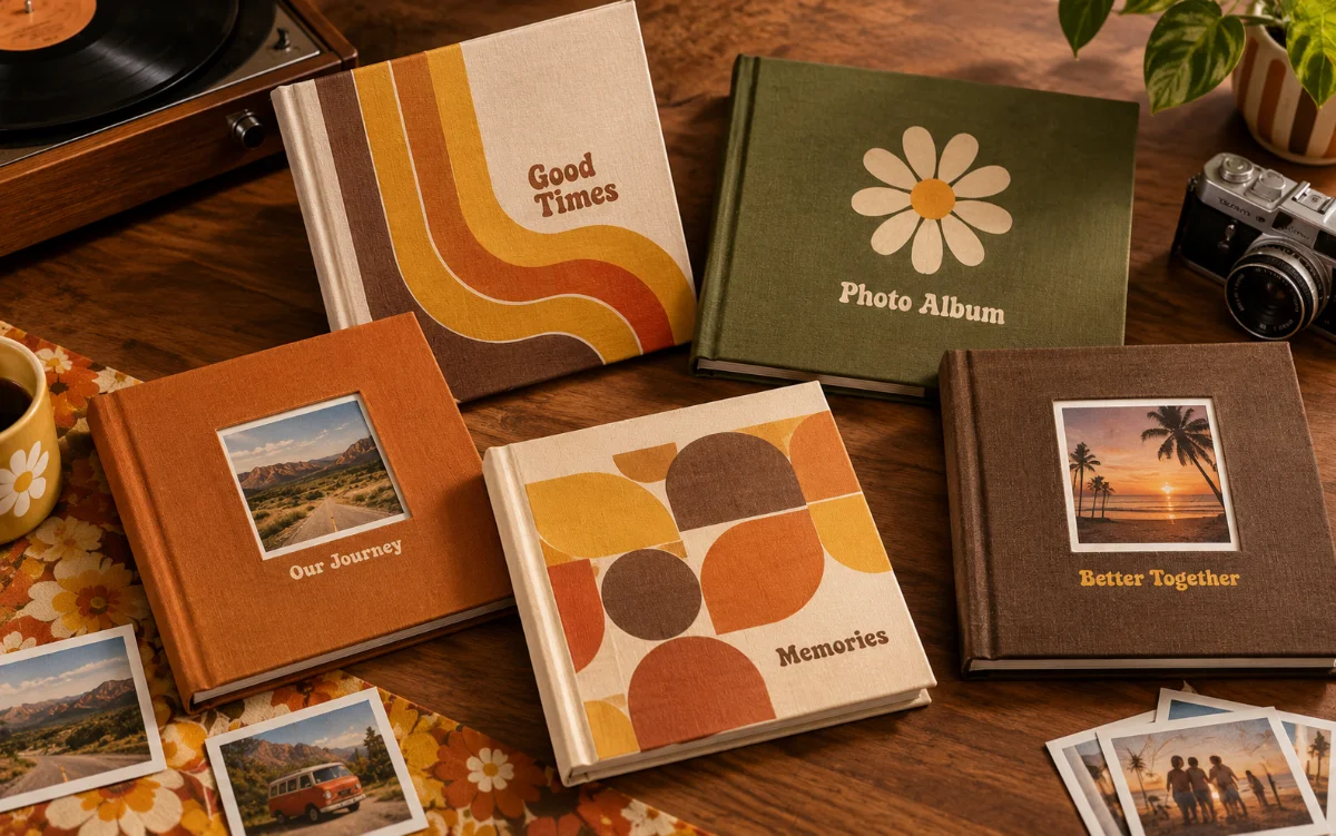 A collection of photo albums in a retro 70s color palette