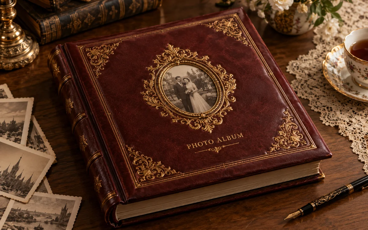 An ornate, padded photo album with gold foil stamping