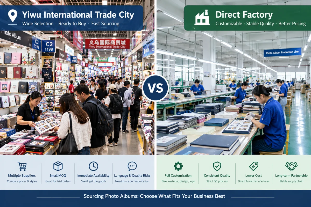 A bustling aisle in Yiwu International Trade City contrasted with a clean factory production line
