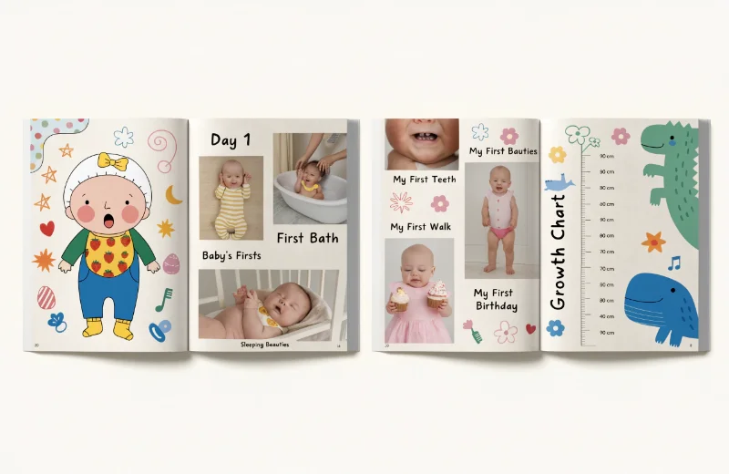 A beautiful baby-themed photo album with cute illustrations
