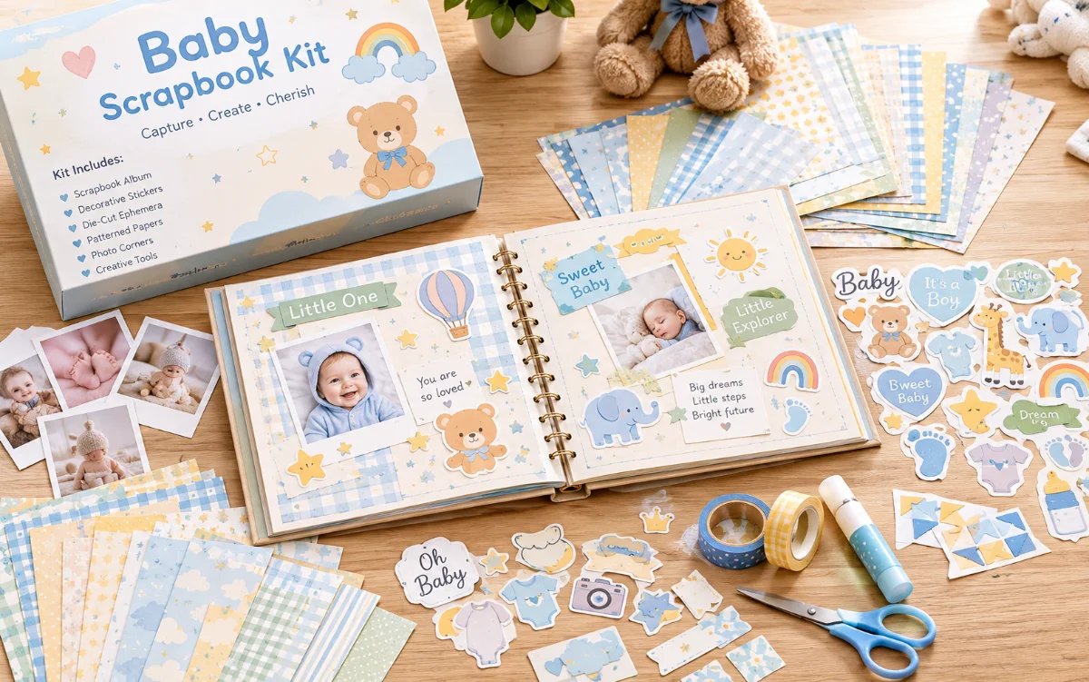 A colorful, themed scrapbook kit for a baby, with stickers and cutouts